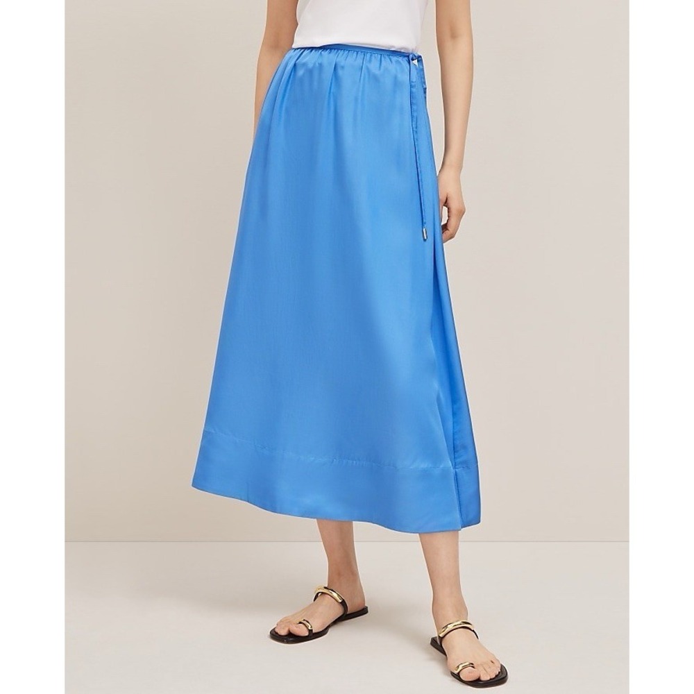 Ann Taylor Side Tie Midi Skirt Womens Petite 6 Blue Coastal Ocean Summer Pockets